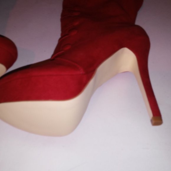 Just Fab Over the Knee Boots Womens Size 10 Solid Red Button Detail Platform Sid - Picture 10 of 16